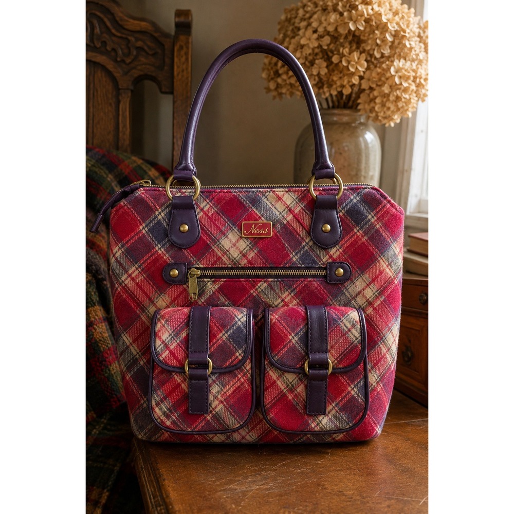 Ness Edinburgh Red Tartan Wool Plaid Satchel Handbag Scottish Academia Bag